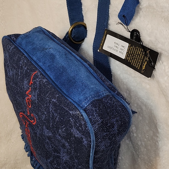 Ed Hardy Vintage Navy Felicia Denim and Suede Fringe Bag Red Accents Rare- - Picture 12 of 16